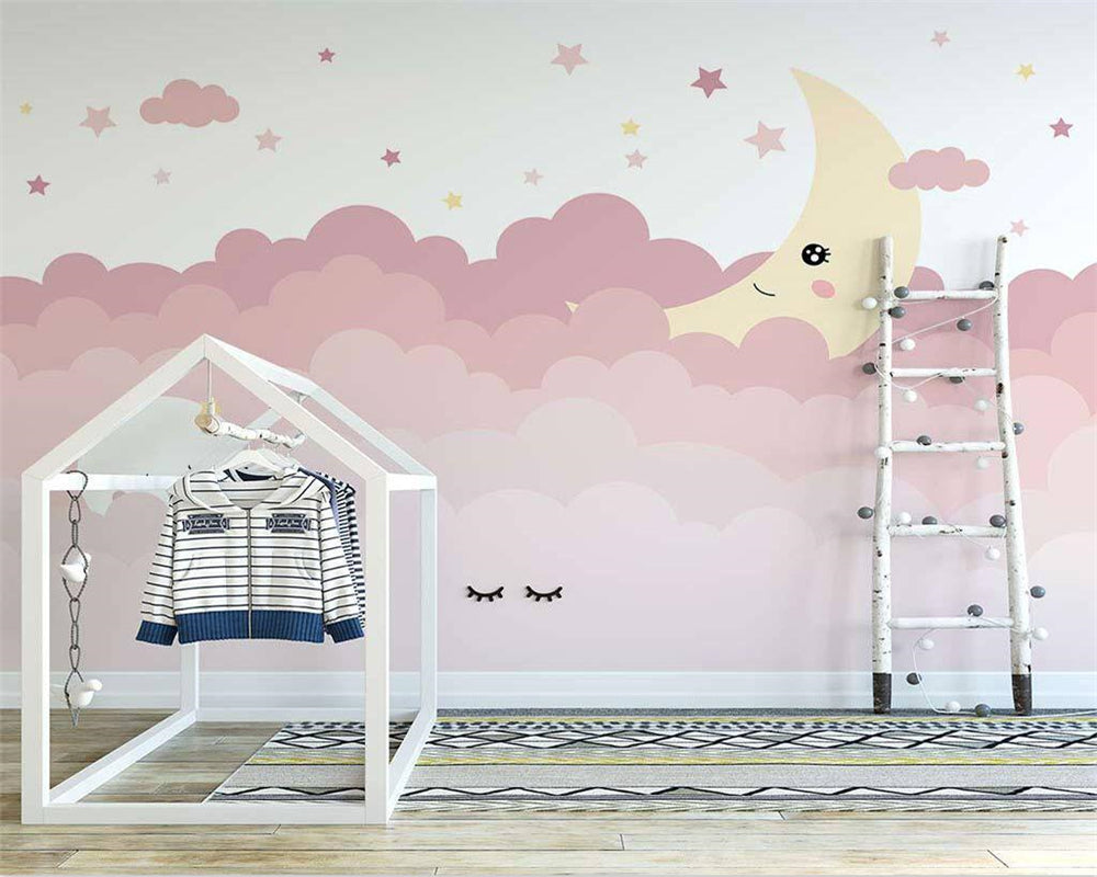 Rosafarbene Tapete für das Kinderzimmer mit Wolkenwellen und Mond