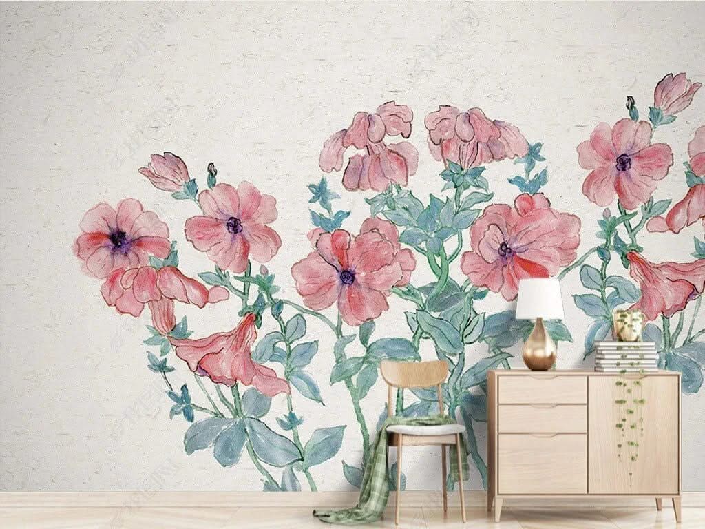 Pink Sketch Art Flowers Wallpaper Mural-ChandeliersDecor.com