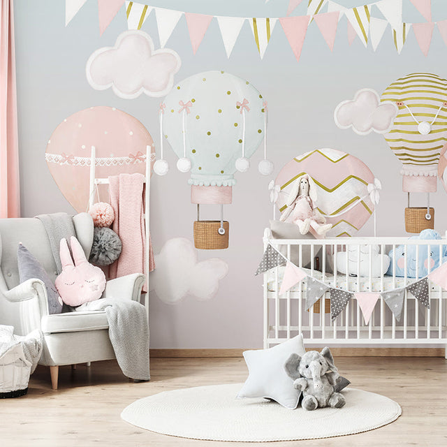 Pinkish Sky with Air Balloons Nursery Wallpaper-ChandeliersDecor