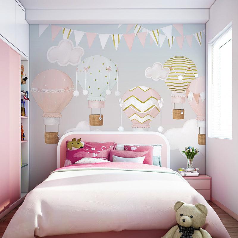 Pinkish Sky with Air Balloons Nursery Wallpaper
