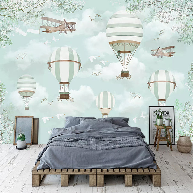 Polar Bears Flying on Air Balloons Nursery Wallpaper-ChandeliersDecor