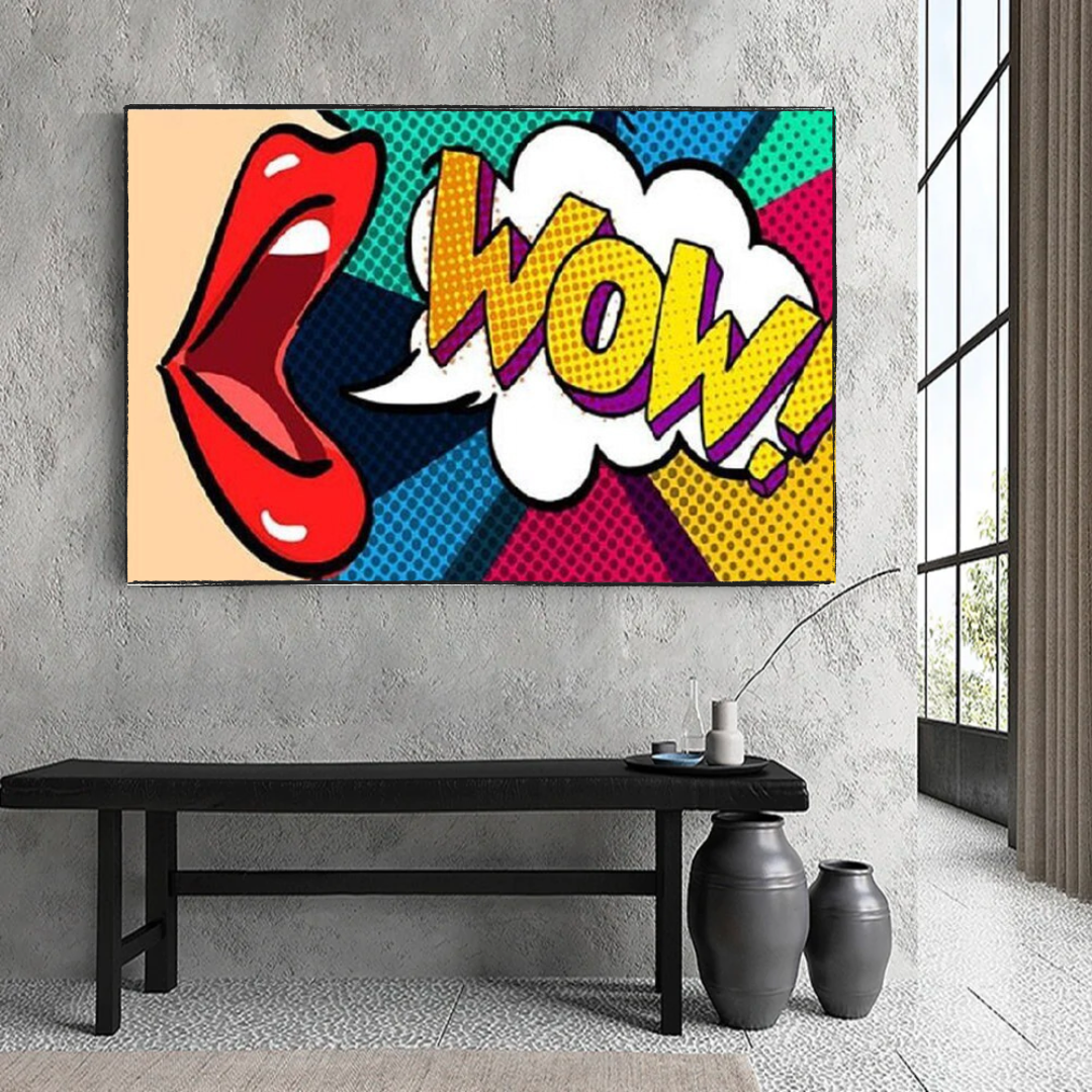 Pop Art Comic WOW Pink Lips Canvas Wall Art-ChandeliersDecor