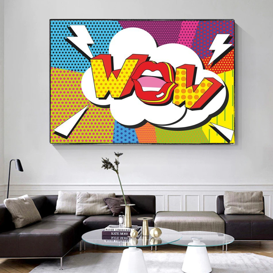 Pop Art Comic WOW Pink Lips Canvas Wall Art-ChandeliersDecor