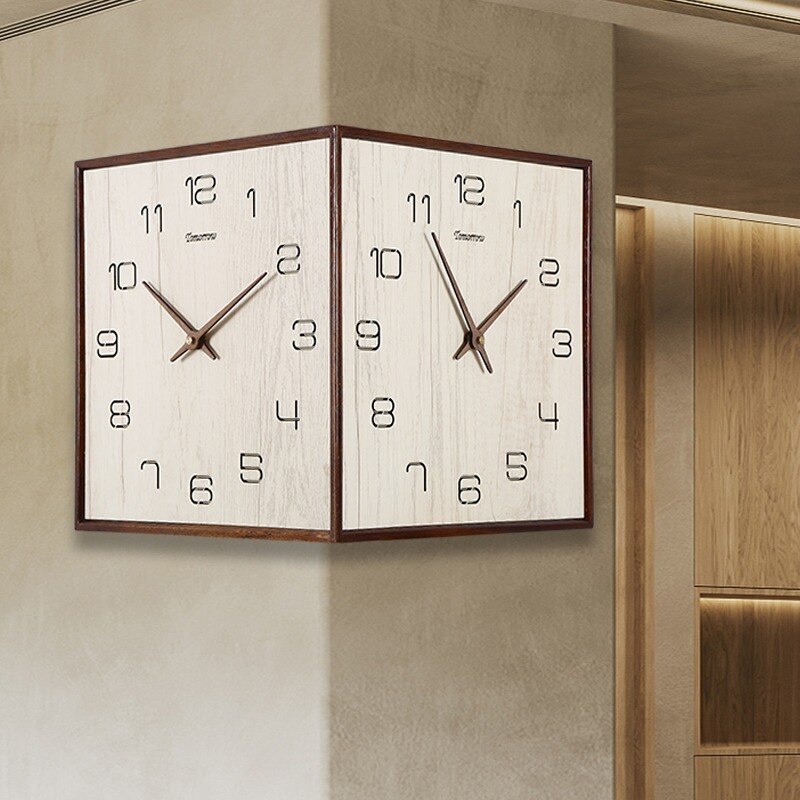 Horloge murale d'angle double face en bois massif sans perforation