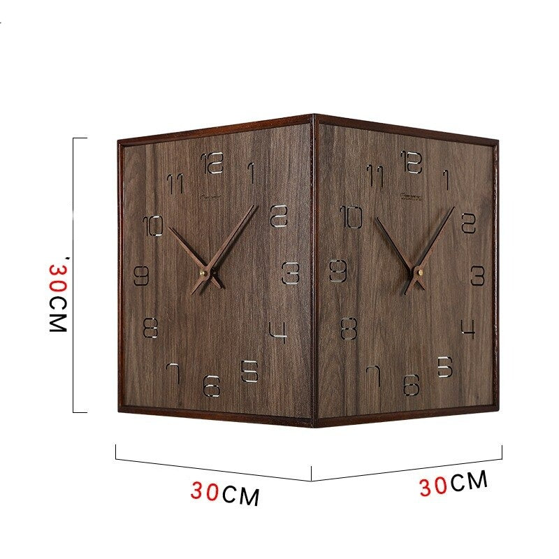 Horloge murale d'angle double face en bois massif sans perforation