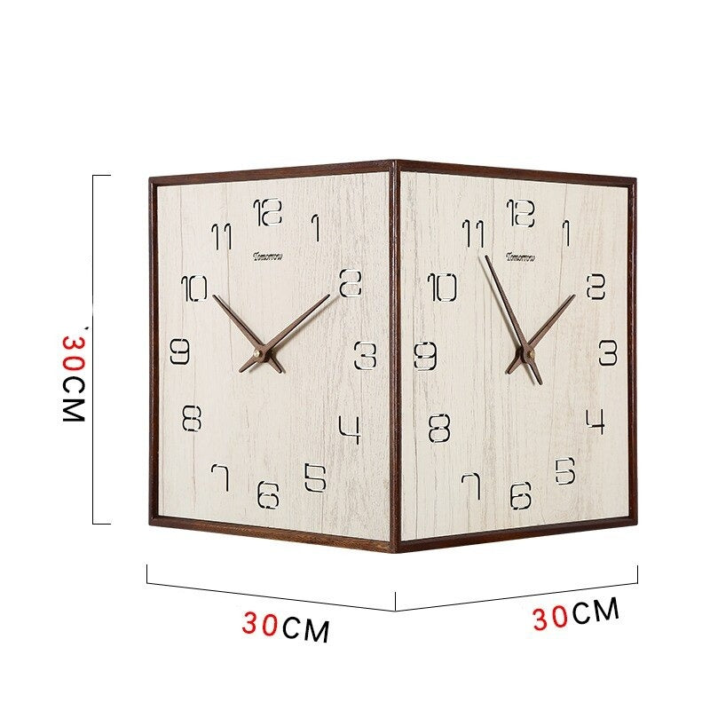 Horloge murale d'angle double face en bois massif sans perforation