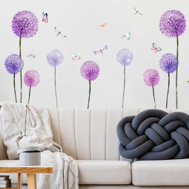 Wall Stickers Purple Dandelion Butterfly Pattern Wall Stickers For Living Room Sofa Bedroom Background Home Decoration