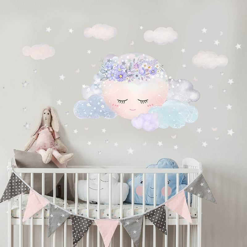 Purple Flower Sleeping Moon Clouds and Stars Wall Sticker-ChandeliersDecor.com