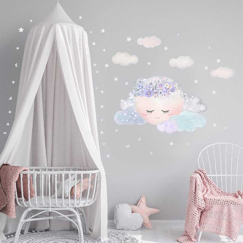 Purple Flower Sleeping Moon Clouds and Stars Wall Sticker-ChandeliersDecor