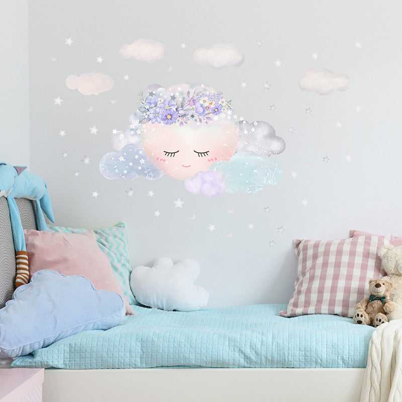 Purple Flower Sleeping Moon Clouds and Stars Wall Sticker-ChandeliersDecor