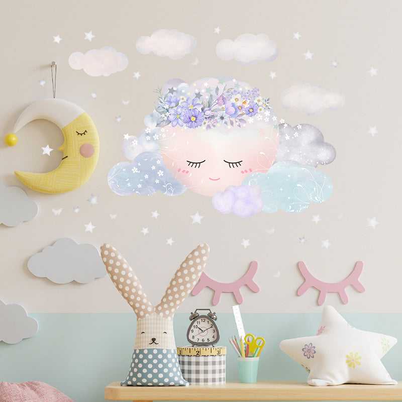 Purple Flower Sleeping Moon Clouds and Stars Wall Sticker-ChandeliersDecor