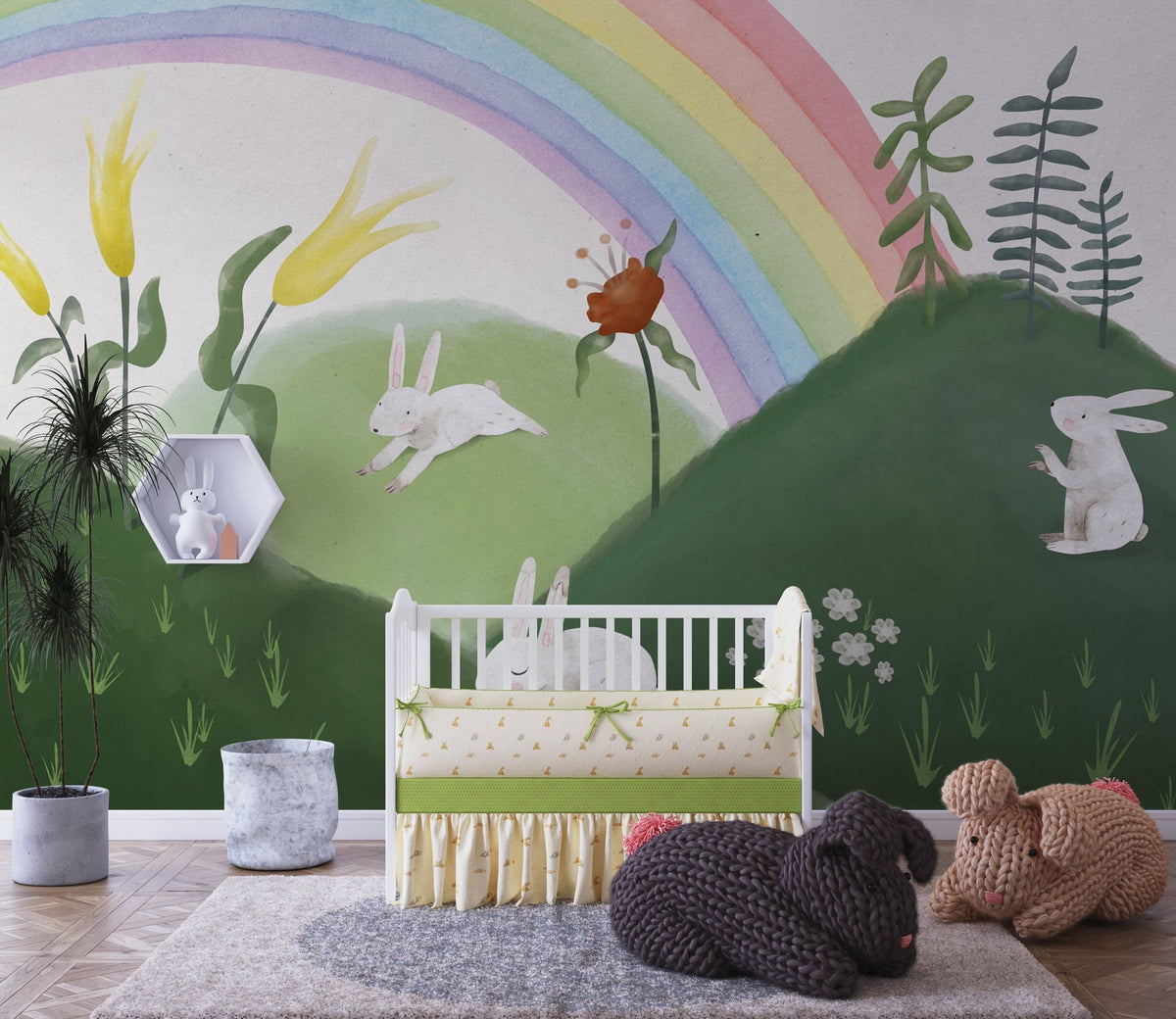 Papier Peint Panoramique Lapin dans le Jardin pour Chambre d'Enfant