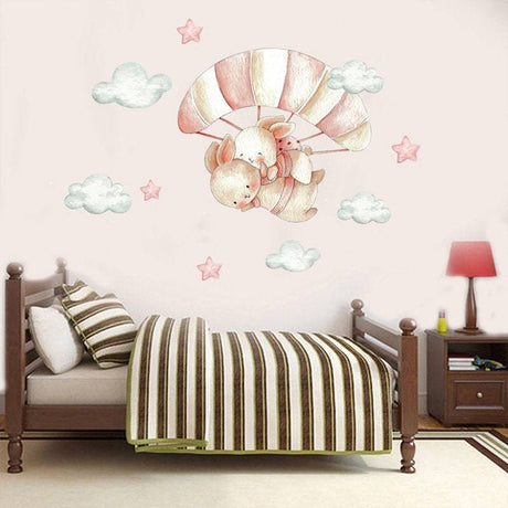 Bunny Rabbit on Air Balloon / Moon Wall Stickers | Kids Room PVC Wall Decals | Rabbit Wall stickers