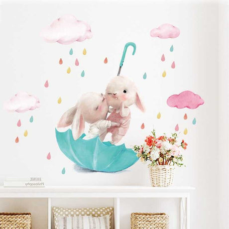 Rabbit on Green Umbrella Wall Sticker | Kids Nursery Wall Stickers