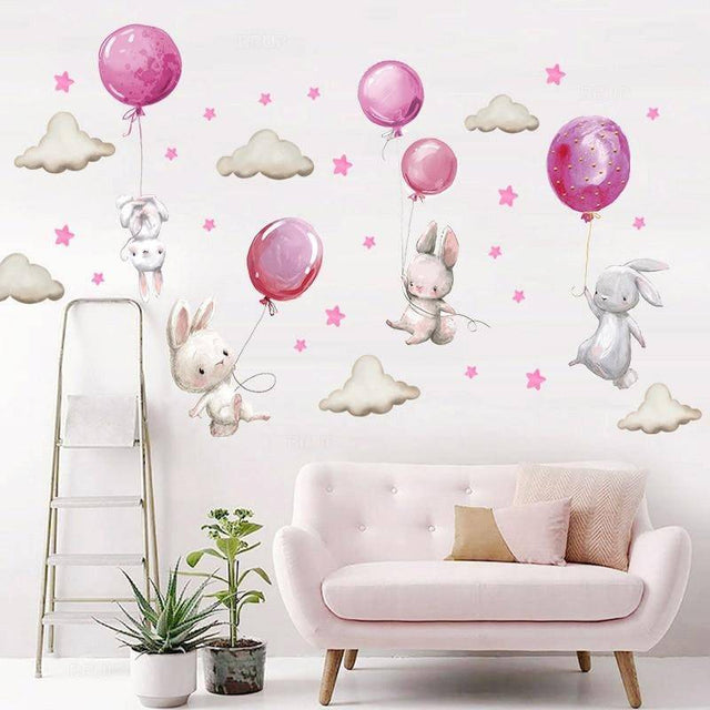 Bunny Rabbit with Balloons and Cloud Wall Stickers | Baby Nursery Room Decoration | Rabbit Wall Decals