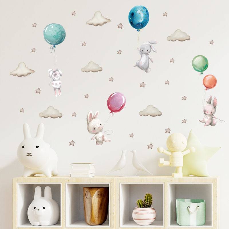 Bunny Rabbit with Balloons and Cloud Wall Stickers | Baby Nursery Room Decoration | Rabbit Wall Decals