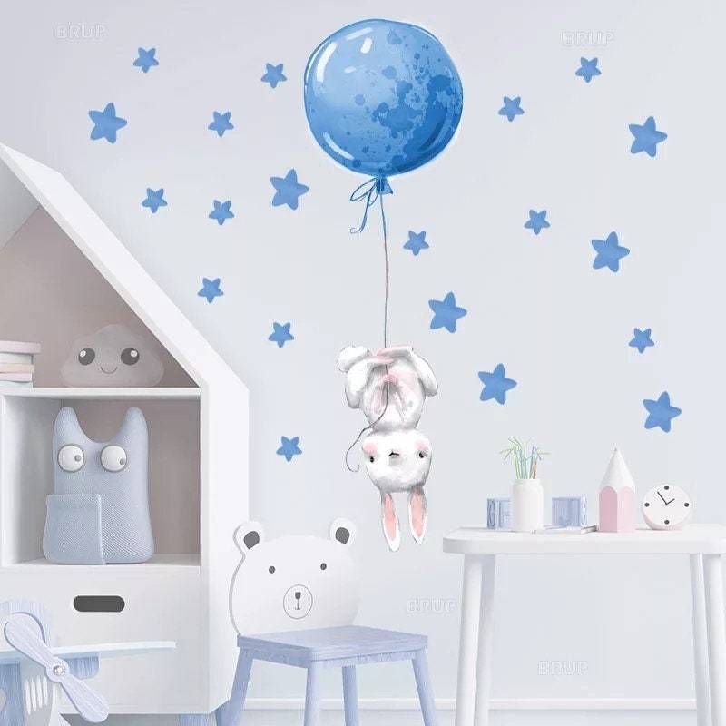 Peter Rabbit Hanging down from Balloon Wall Stickers | Baby Nursery Wall Decals for Kids Room | Home Decor Rabbit Decals PVC
