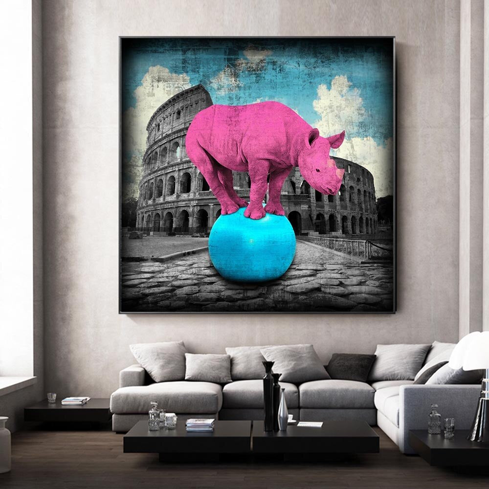 Art mural sur toile, animaux rouges, éléphant, rhinocéros rose