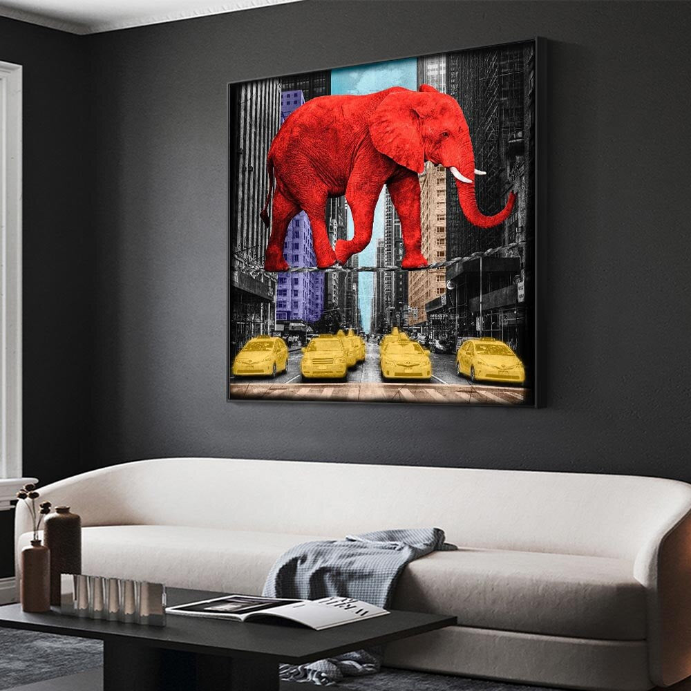 Red Animals Elephant Pink Rhino Canvas Wall Art-ChandeliersDecor