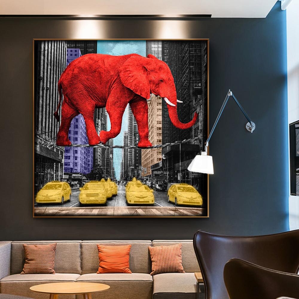 Art mural sur toile, animaux rouges, éléphant, rhinocéros rose