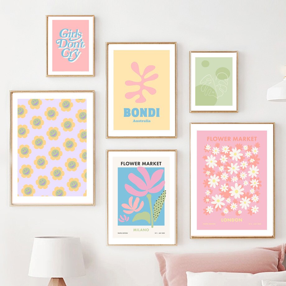 Retro Groovy Leaf Matisse Pastel Pink Prints And Poster Canvas Wall Art-ChandeliersDecor