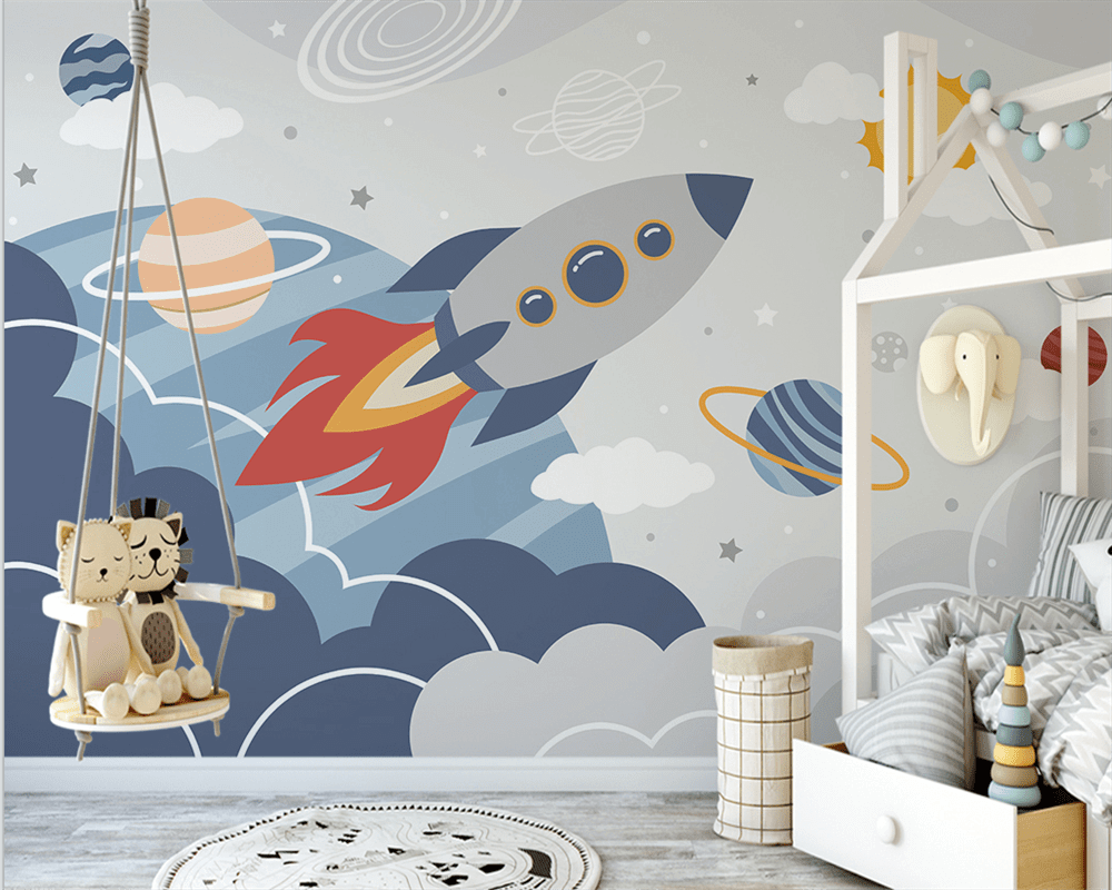 Rocket to Space over Earth Nursery Wallpaper-ChandeliersDecor.com