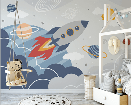 Rocket to Space over Earth Nursery Wallpaper-ChandeliersDecor.com