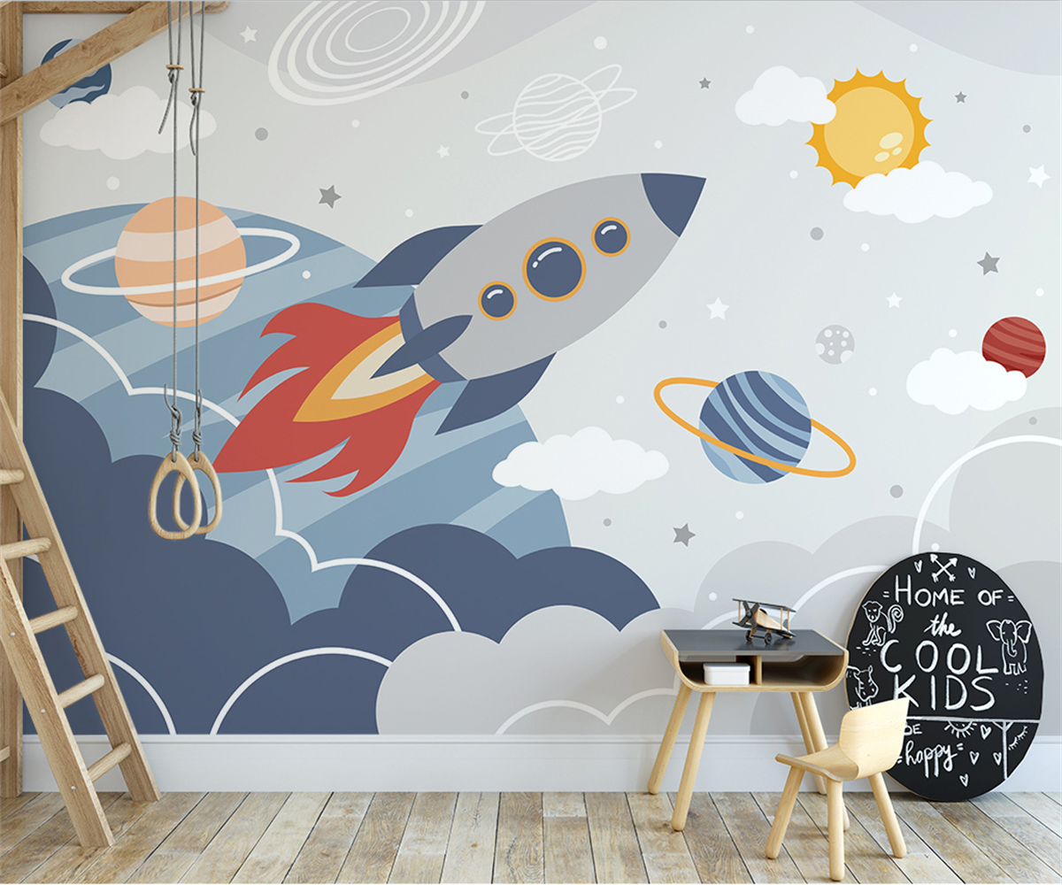 Rocket to Space over Earth Nursery Wallpaper-ChandeliersDecor