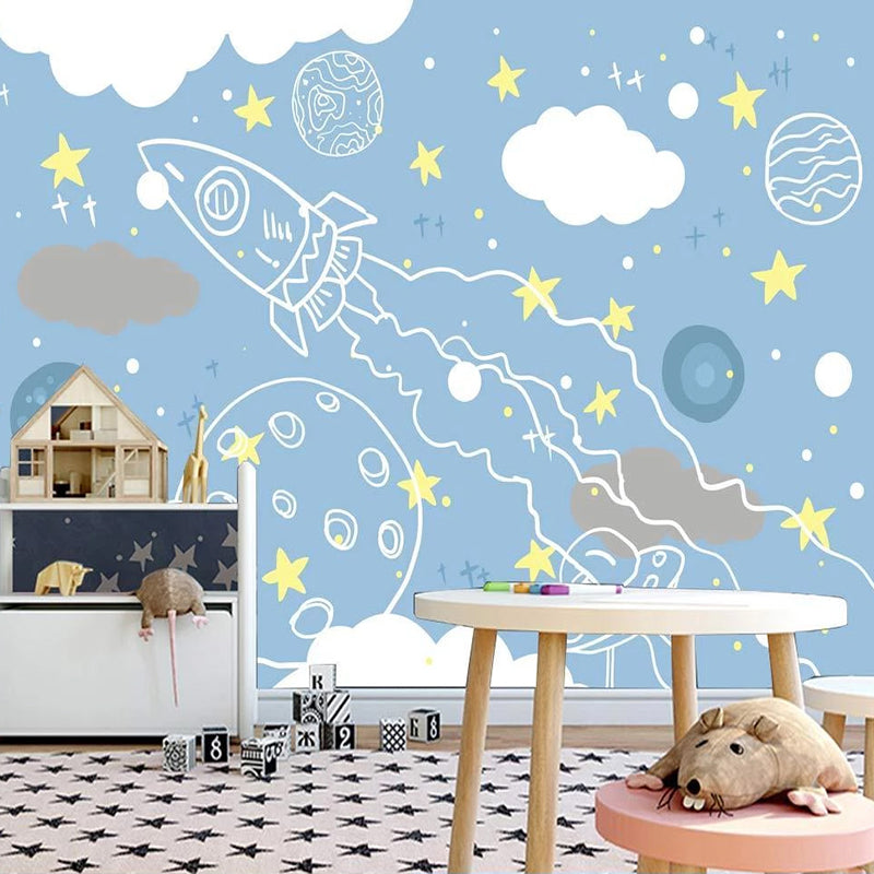Rocket to Space Sketch Nursery Wallpaper-ChandeliersDecor