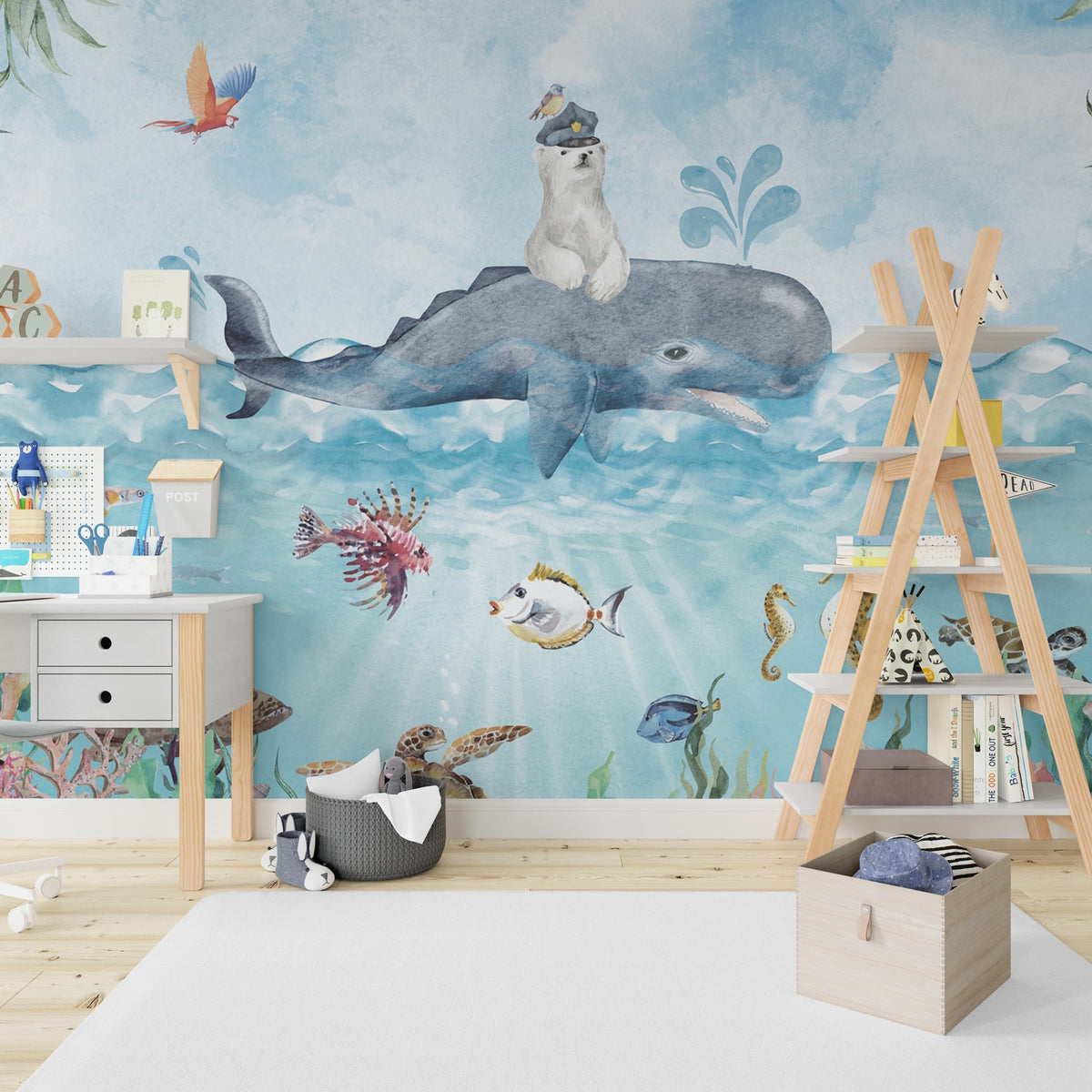 Sea Whale Captain - Kids Nursery Wallpaper Mural-ChandeliersDecor