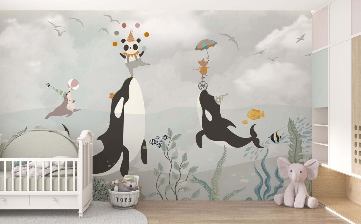 Sea Whale Circus - Kids Room Wallpaper Mural-ChandeliersDecor.com