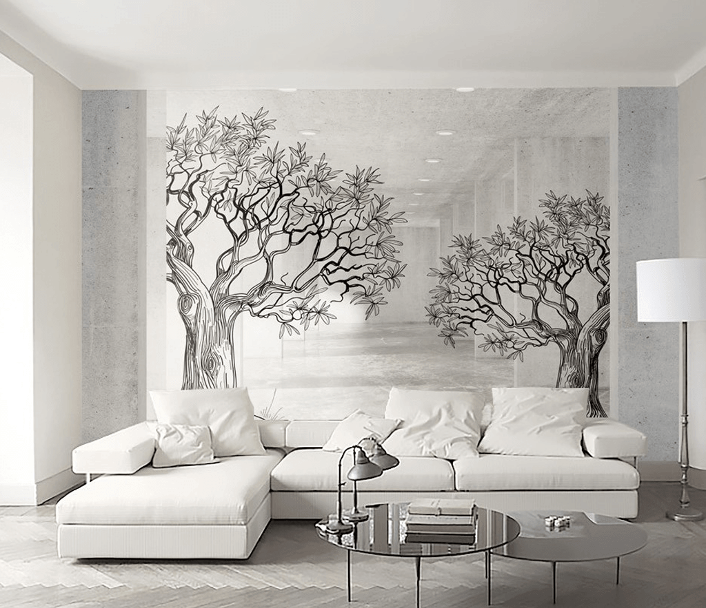 Sketchy Twin Trees Wallpaper Murals – Transform your space-ChandeliersDecor.com