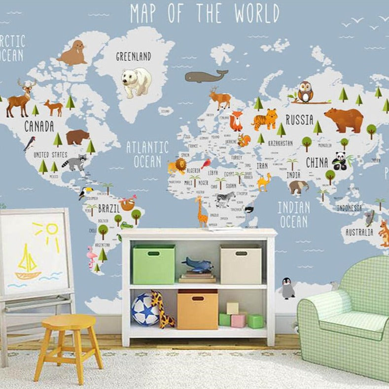 Skyland Nursery Light Blue and White World Map Wallpaper-ChandeliersDecor