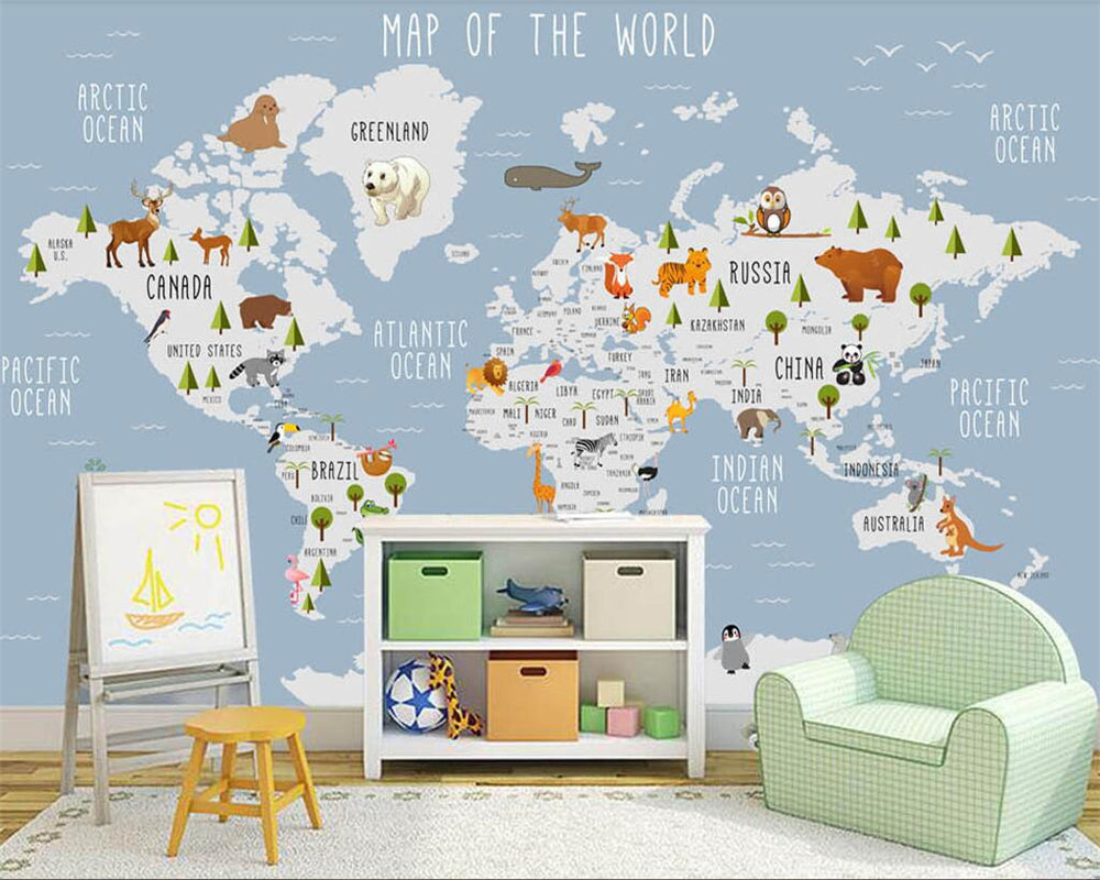 Skyland Nursery Light Blue and White World Map Wallpaper-ChandeliersDecor