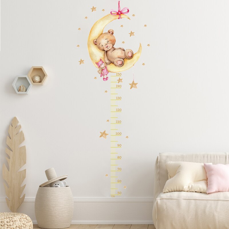 Sleeping Yellow Bear Moon Height Measure Wall Decal for Kids Room