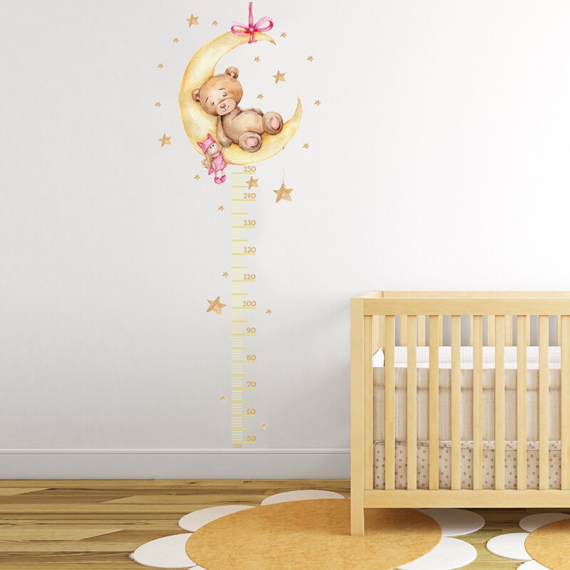 Sleeping Yellow Bear Moon Height Measure Wall Decal for Kids Room