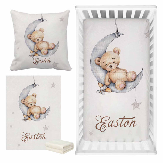 Sleepy Bear on Moon Baby Name Crib Bedding Set | Baby Shower Gift Bedding Set-ChandeliersDecor