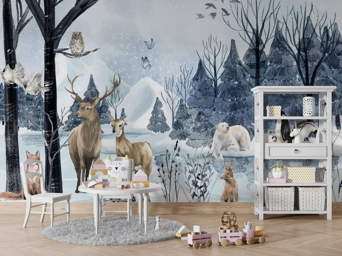 Snow Animals - Kids Room Wallpaper Mural-ChandeliersDecor