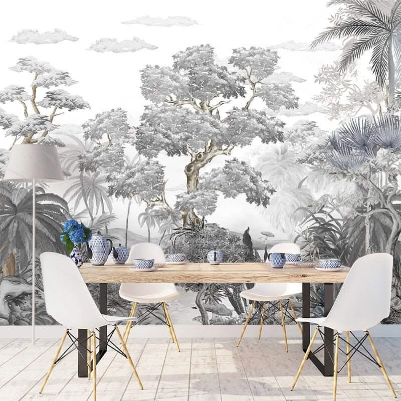 Sophisticated Monochrome Jungle Mural Wallpaper-ChandeliersDecor.com
