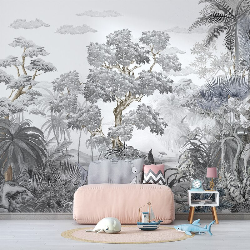 Sophisticated Monochrome Jungle Mural Wallpaper-ChandeliersDecor