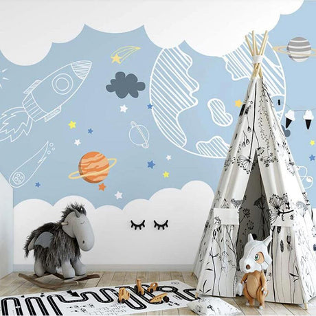 Space Adventure Sketch Nursery Wallpaper-ChandeliersDecor