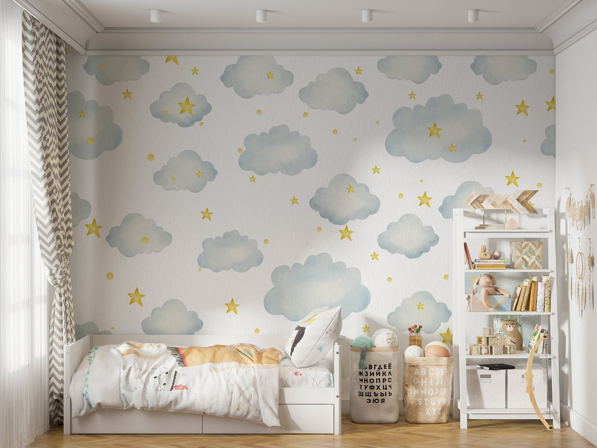Étoiles et Nuages ​​- Papier Peint Mural pour Chambre d'Enfant