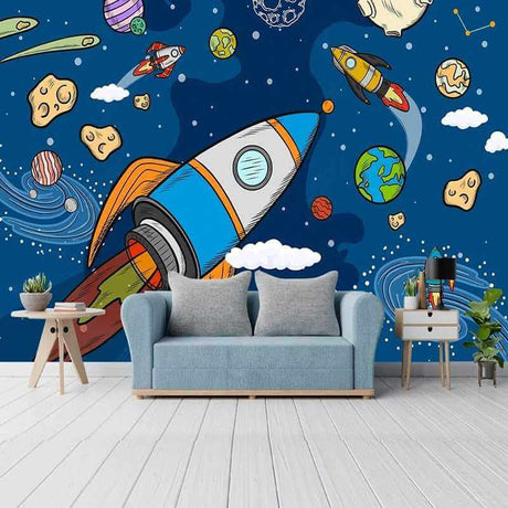 Stellar Adventure Cosmic Space Rocket Wallpaper-ChandeliersDecor.com