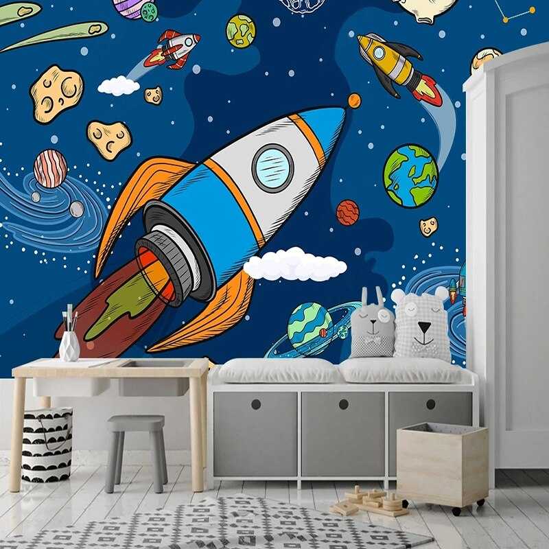 Stellar Adventure Cosmic Space Rocket Wallpaper-ChandeliersDecor
