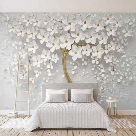 Tree with White Flowers Wallpaper - Stunning Nature Wall Art-ChandeliersDecor.com