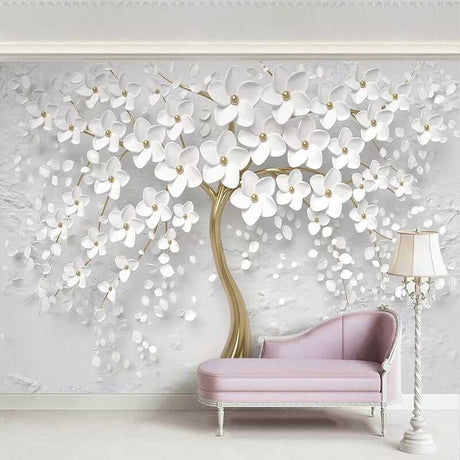 Tree with White Flowers Wallpaper - Stunning Nature Wall Art-ChandeliersDecor