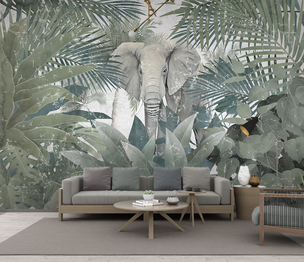 Tropical: Elephant in Jungle Wallpaper Mural-ChandeliersDecor