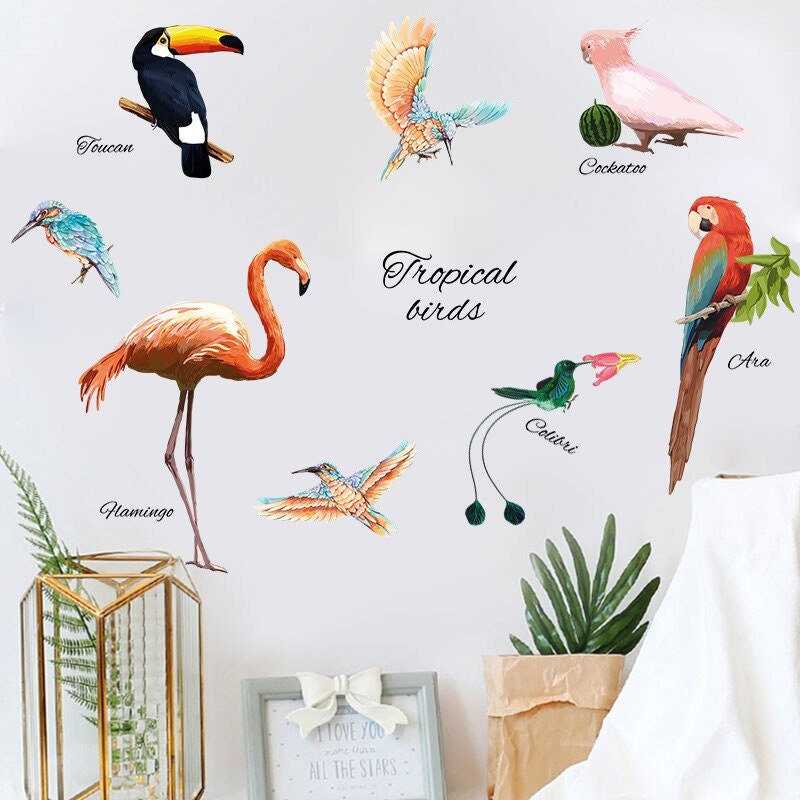 Tropical Green Leaves Flamingo Birds Wall Stickers | Removable Home Decal