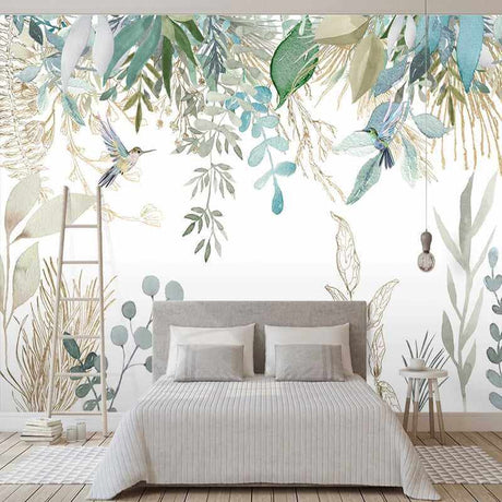 Tropical Plant Leaves Flowers And Birds Wallpaper Mural-ChandeliersDecor.com