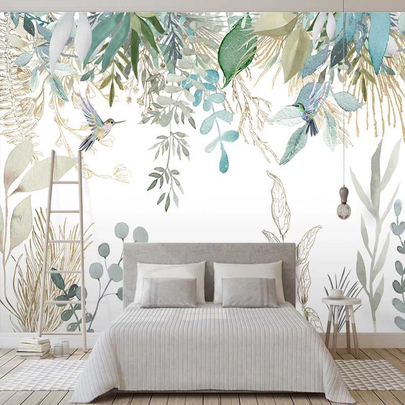 Tropical Plant Leaves Flowers And Birds Wallpaper Mural-ChandeliersDecor